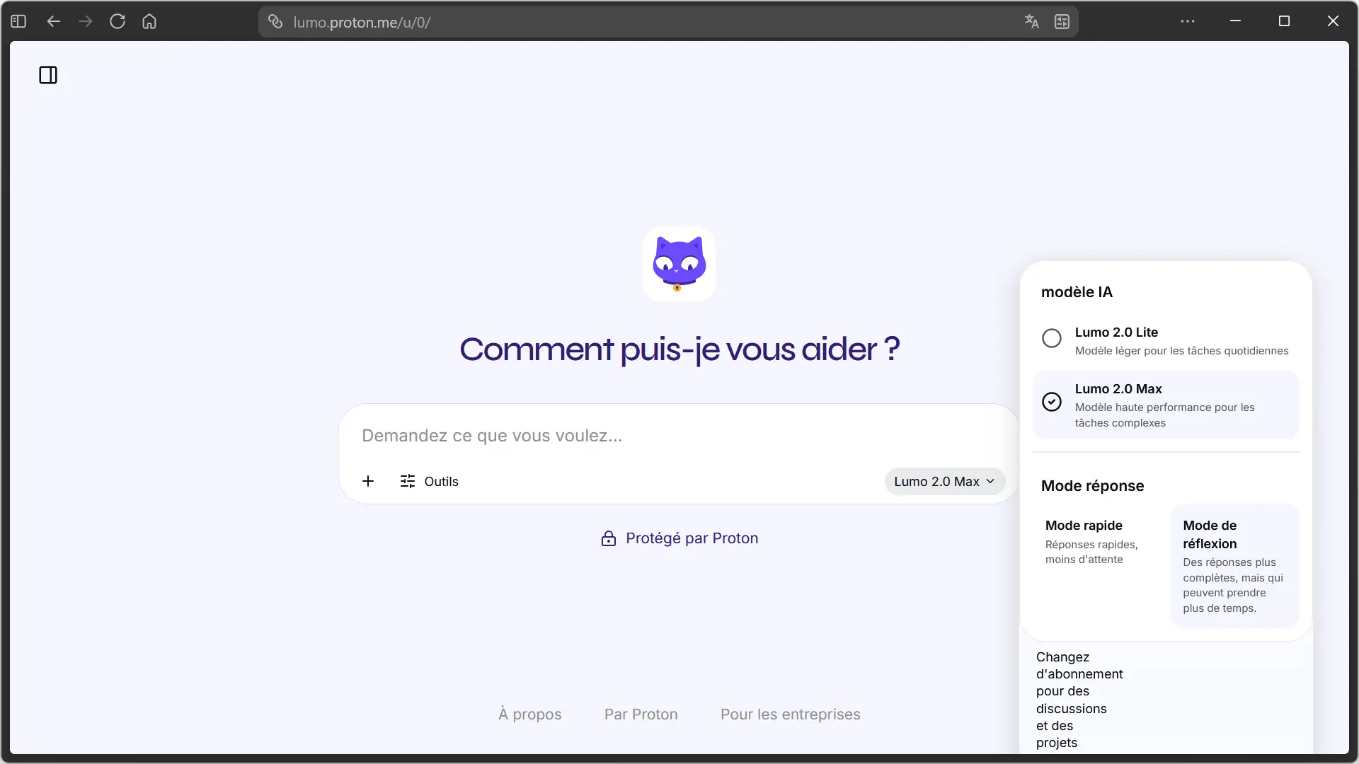 Interface Lumo 2.0 avec sélection de modèles Lite et Max ainsi que des modes de réponse Fast et Thinking.