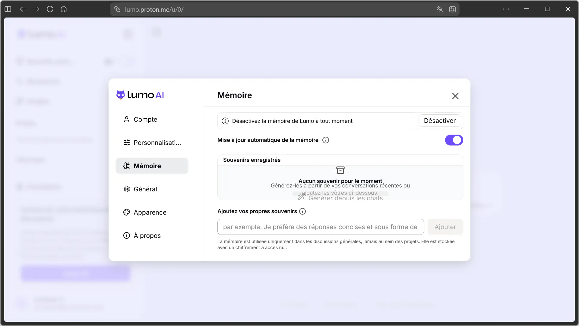 Paramètres de mémoire Lumo 2.0 pour activer, désactiver et gérer les mémoires enregistrées.