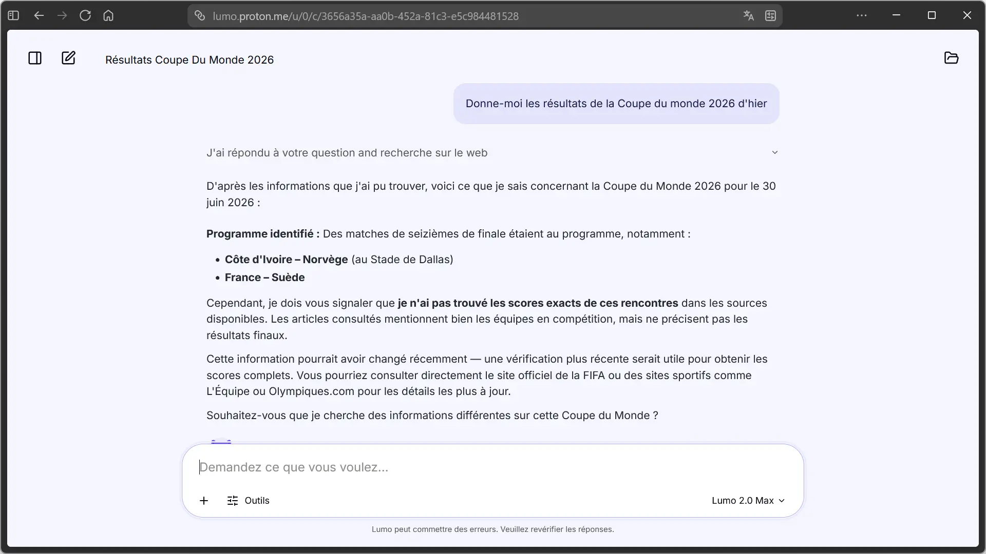 Exemple de recherche web avec Lumo 2.0 affichant une réponse incomplète sur les résultats de la Coupe du Monde 2026.