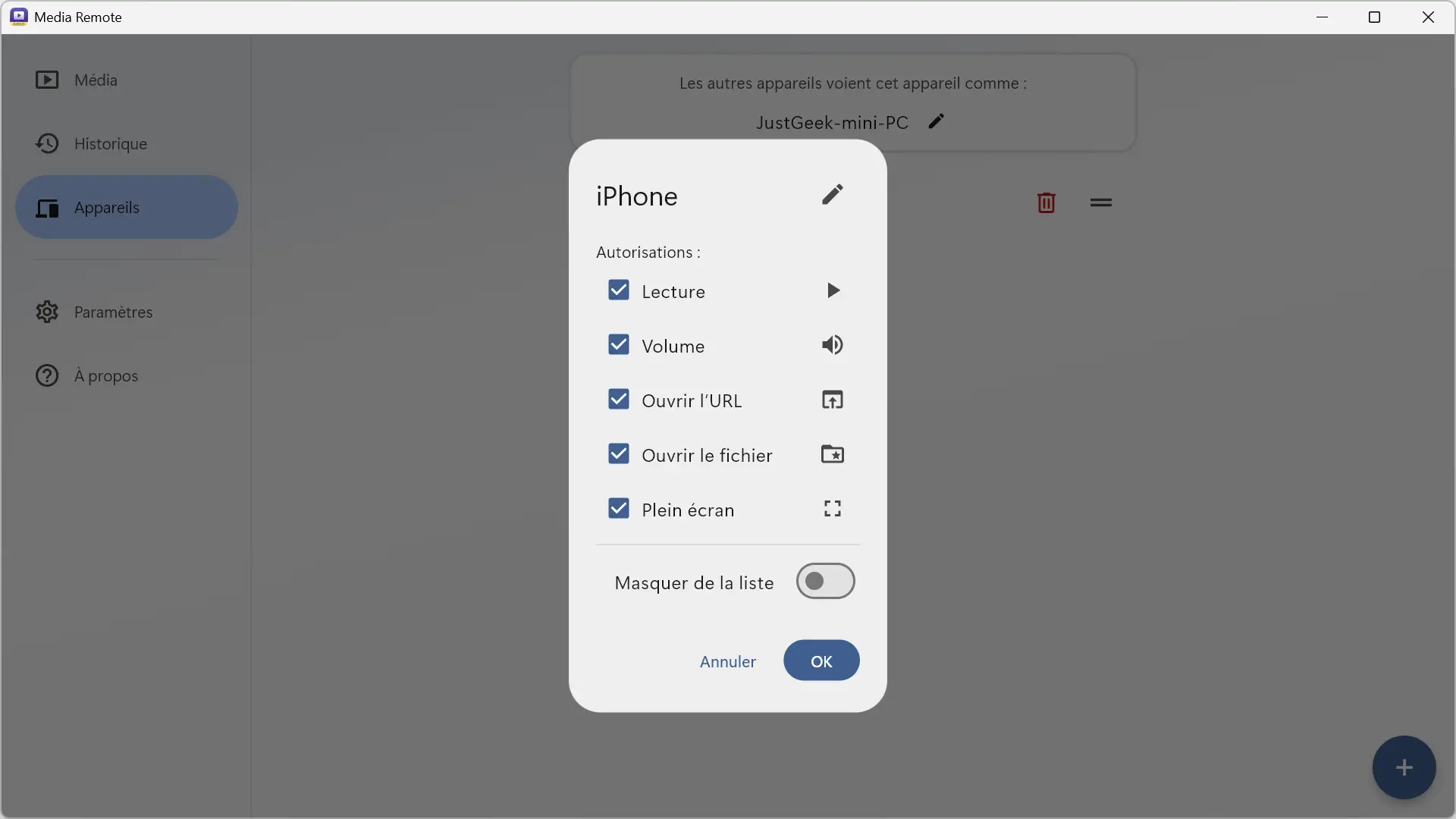 Gestion des autorisations pour un appareil couplé dans Media Remote