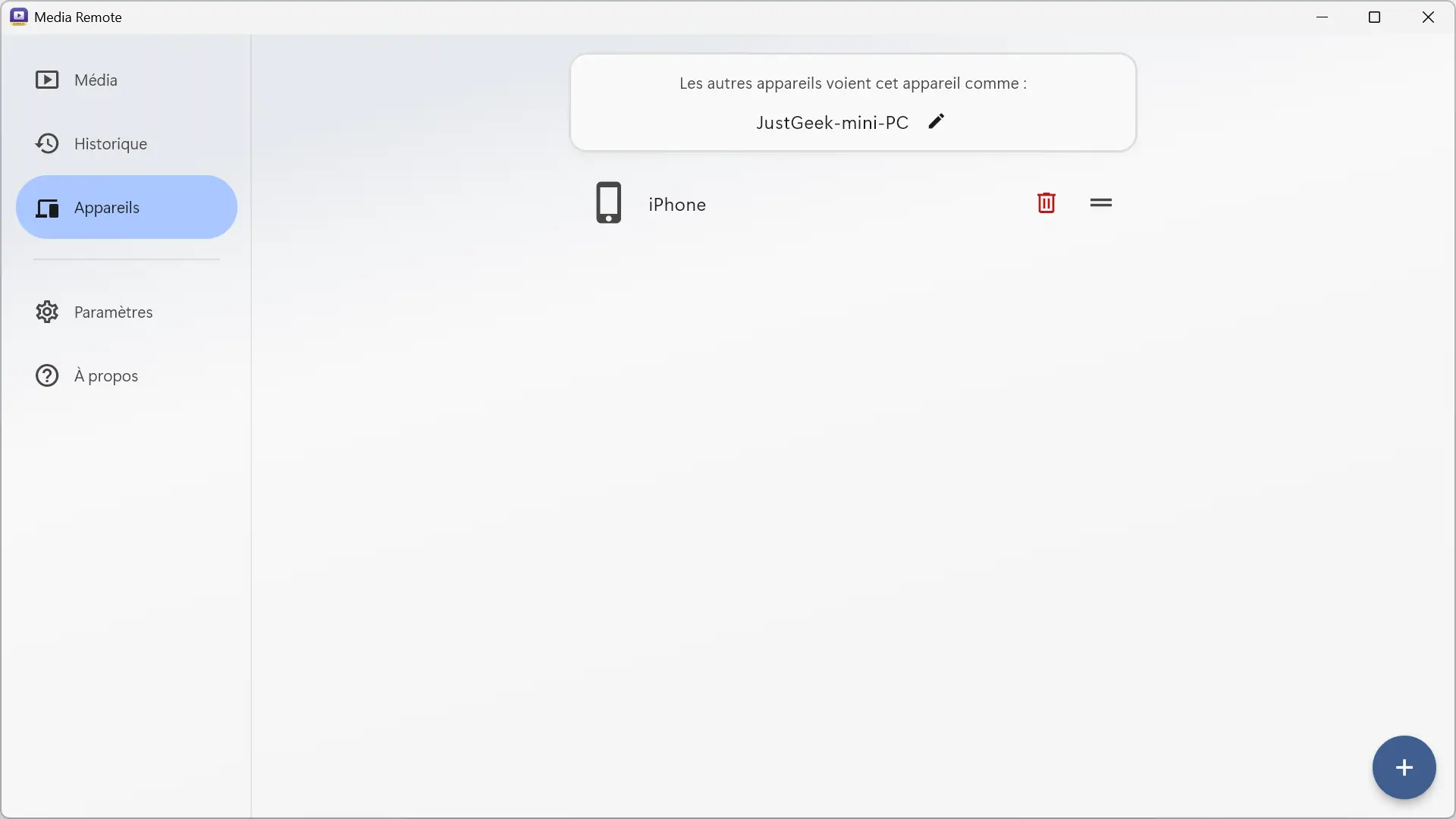 Liste des appareils couplés dans le logiciel Media Remote
