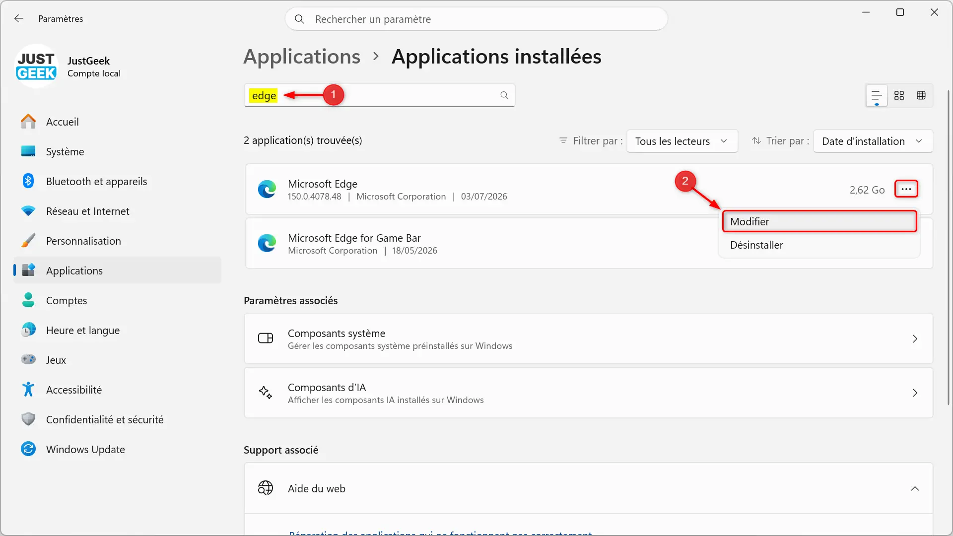 Option Microsoft Edge Edit dans la liste des applications installées Windows