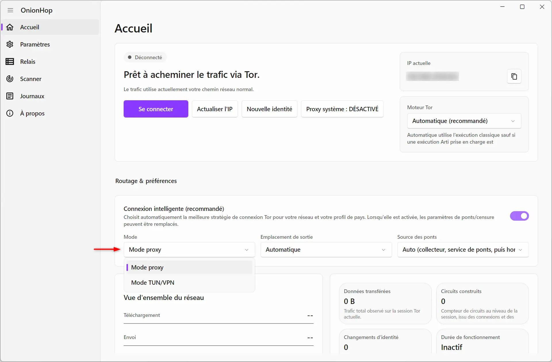 Choix entre le mode Proxy et le mode TUN/VPN dans le logiciel OnionHop