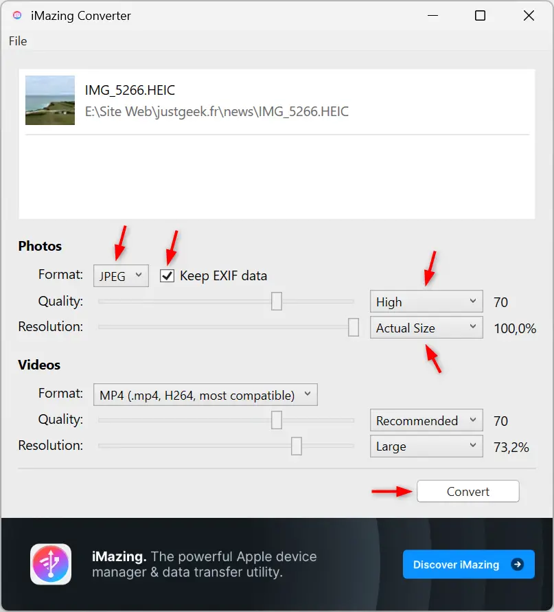 Paramètres pour convertir une photo HEIC en JPEG dans iMazing Converter avec options de qualité, de résolution et de données EXIF