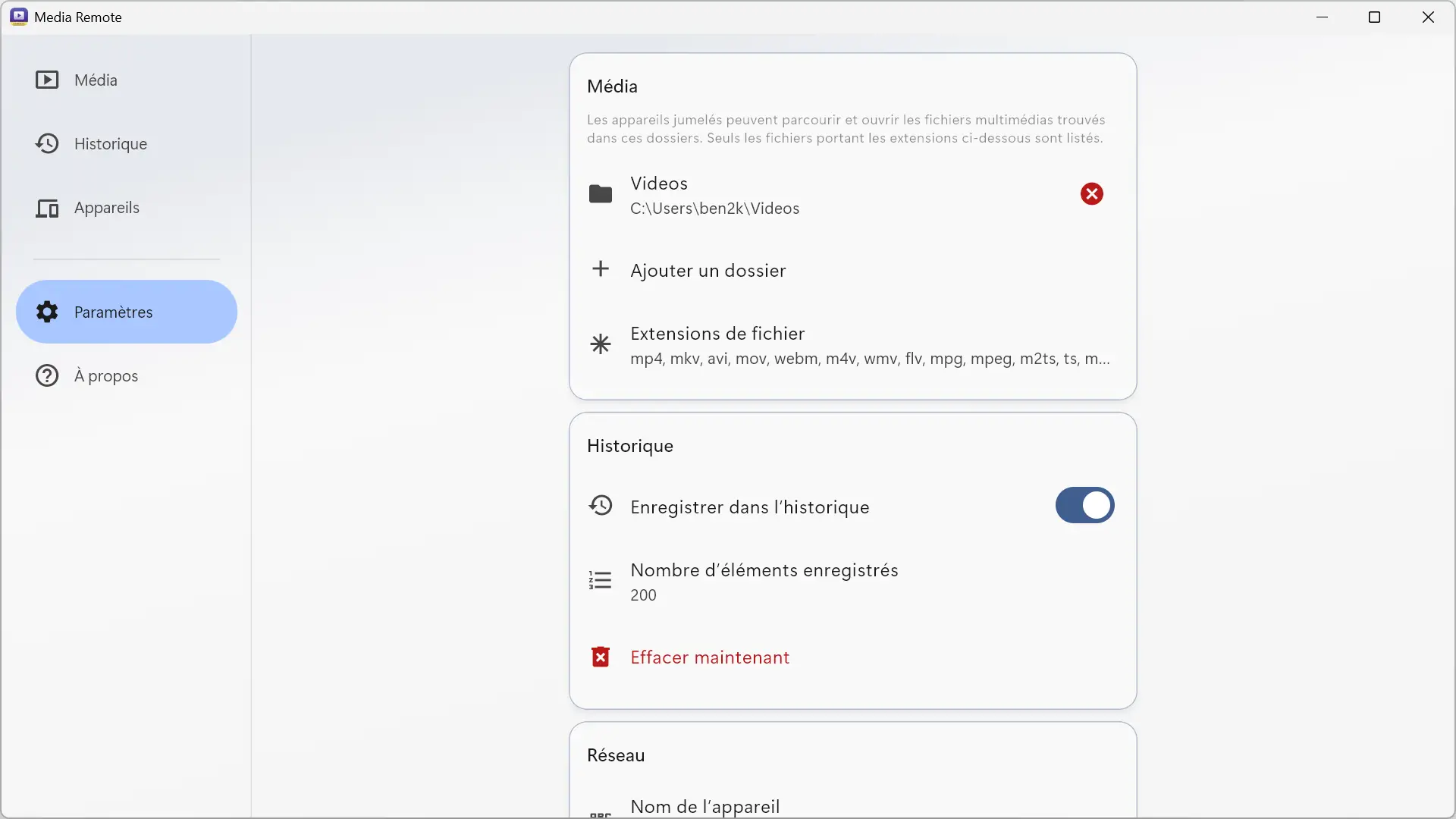 Paramètres Media Remote dans Windows avec dossiers multimédias et options d'historique