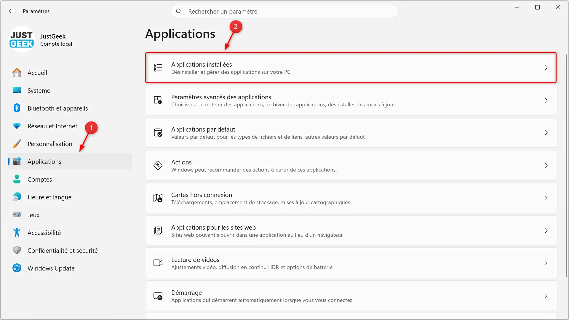 Accédez aux applications installées dans les paramètres Windows pour réparer Microsoft Edge