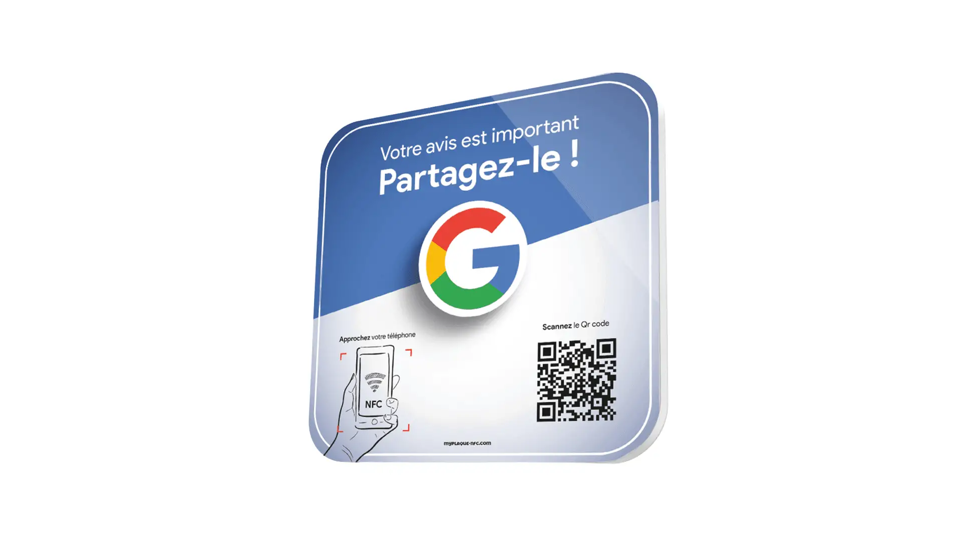 Plaque Google Avis équipée d'une puce NFC permettant aux clients de laisser un avis Google en s'approchant de leur smartphone.