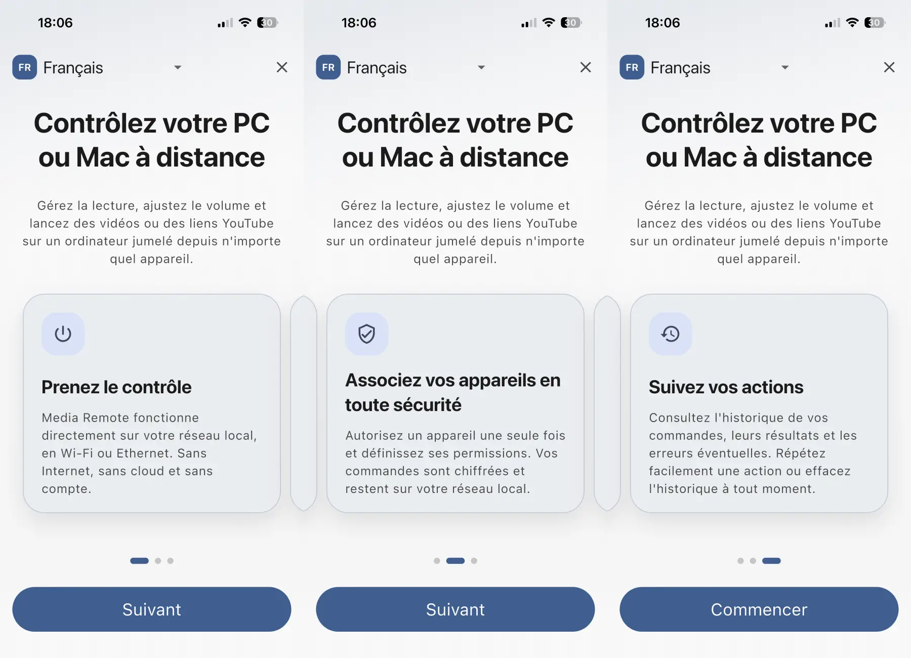 Écran d'accueil de Media Remote lors du premier lancement sur un smartphone