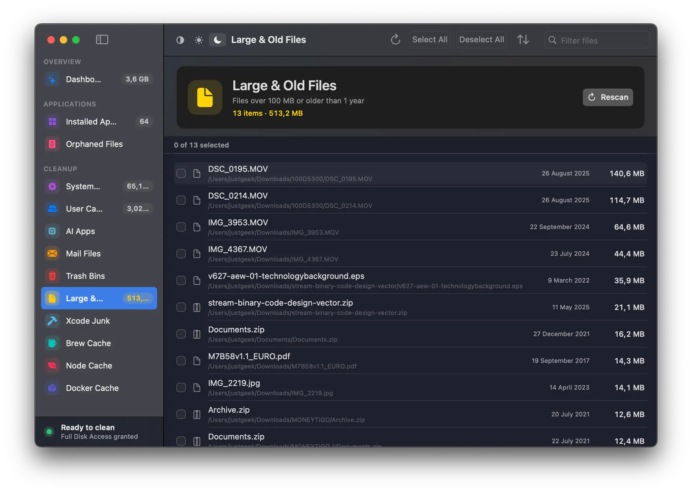 Rechercher des fichiers volumineux et anciens avec PureMac sur macOS