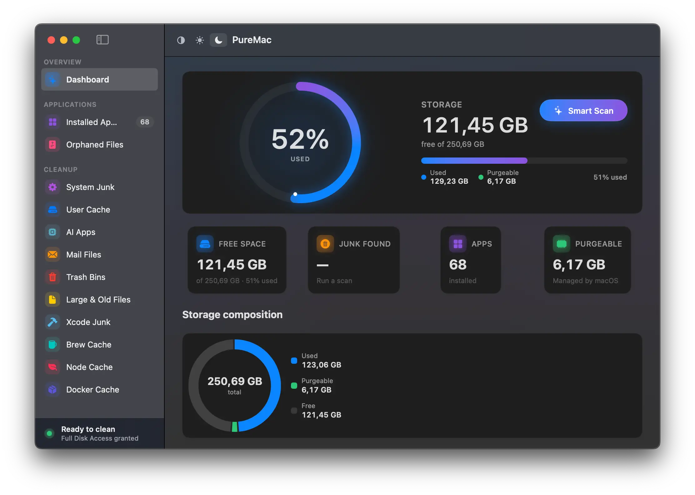 Interface principale de PureMac affichant le tableau de bord avec l'espace de stockage disponible, le bouton Smart Scan et les outils de nettoyage.