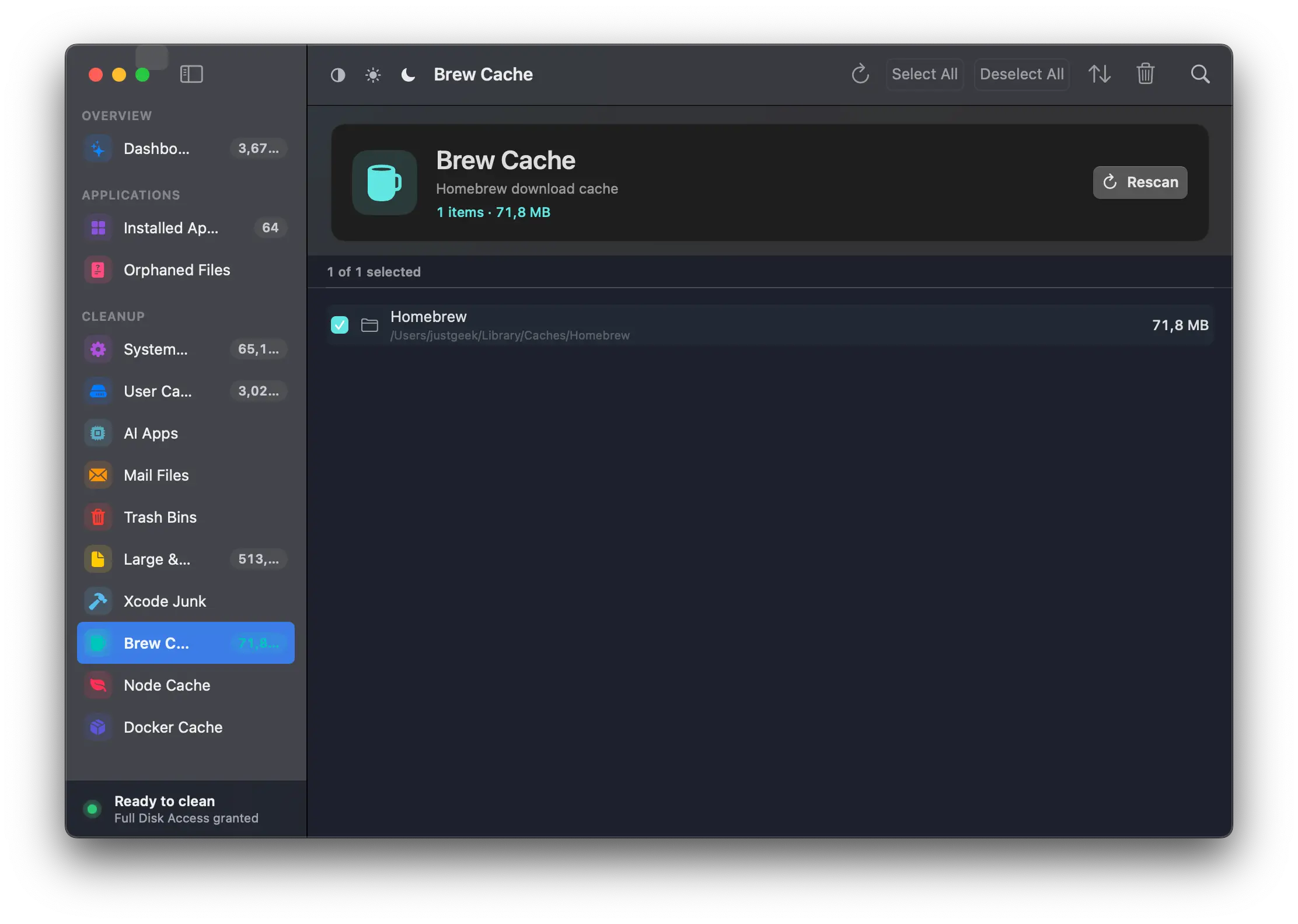 Nettoyer le cache Homebrew avec PureMac sur macOS