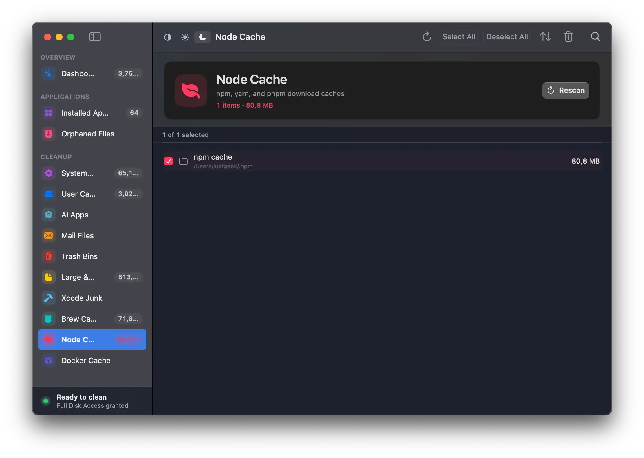 Nettoyer le cache Node.js avec PureMac sur macOS