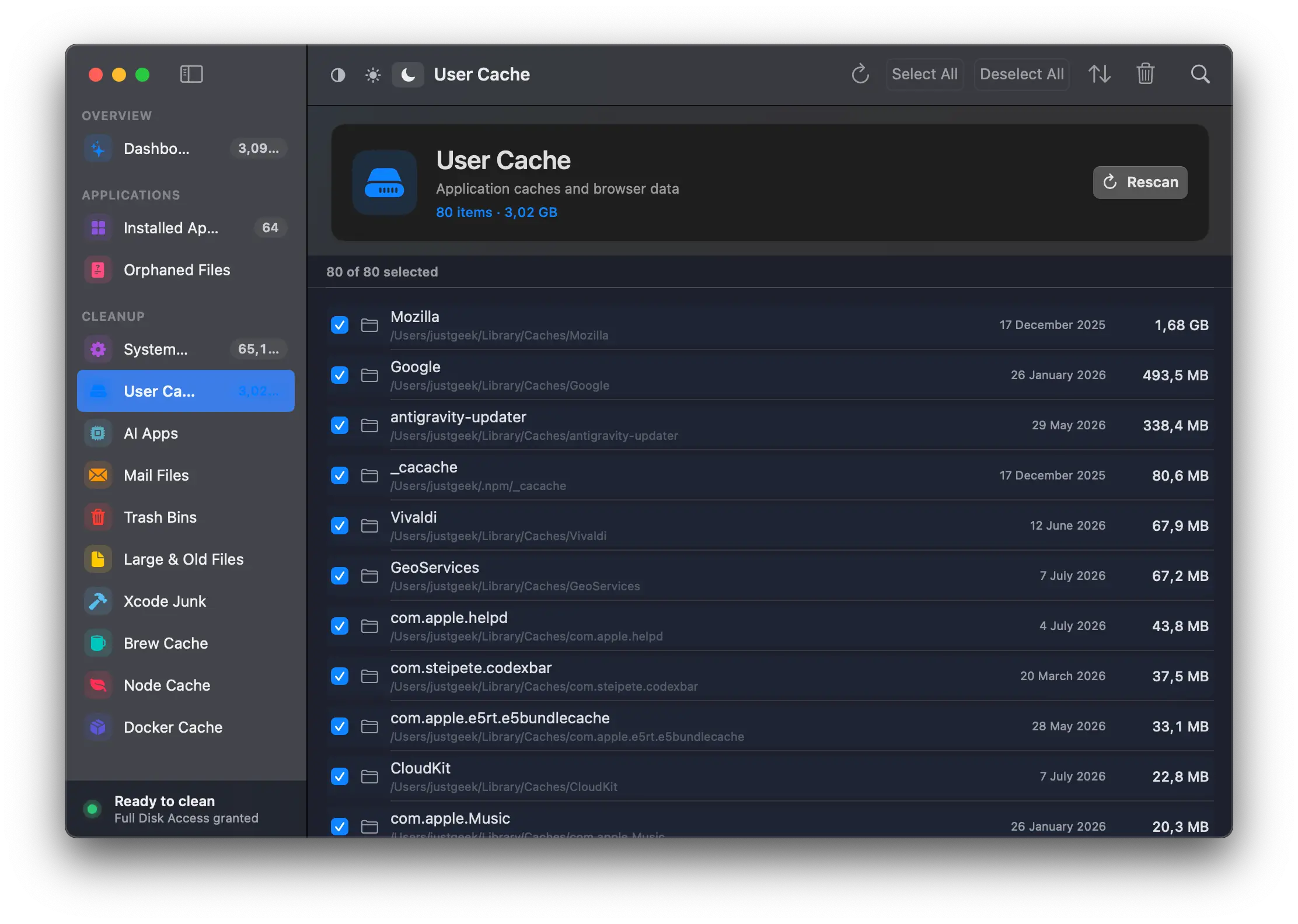 Vider le cache utilisateur avec PureMac sur macOS