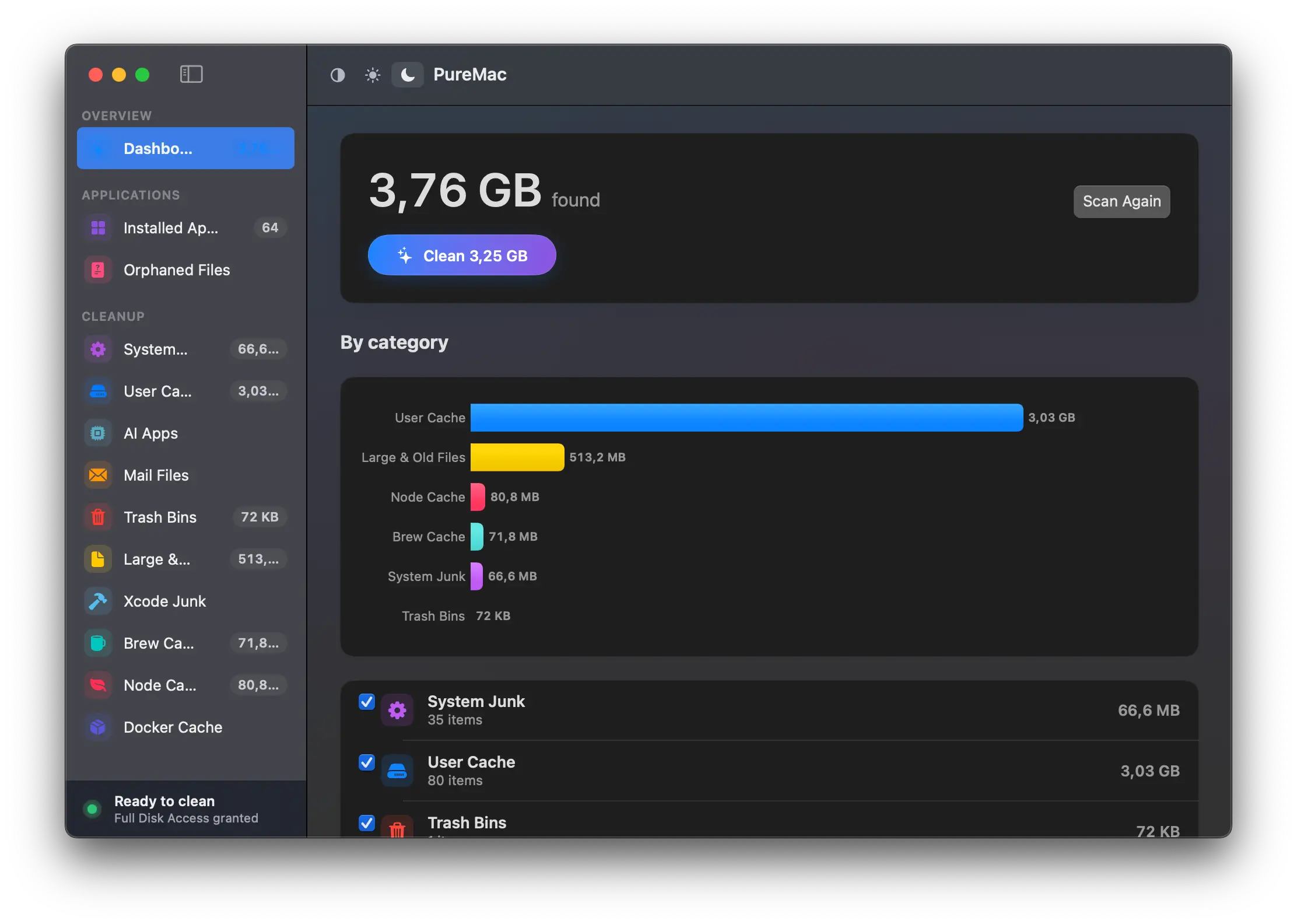 Résultats de PureMac Smart Scan après avoir analysé les fichiers indésirables sur macOS