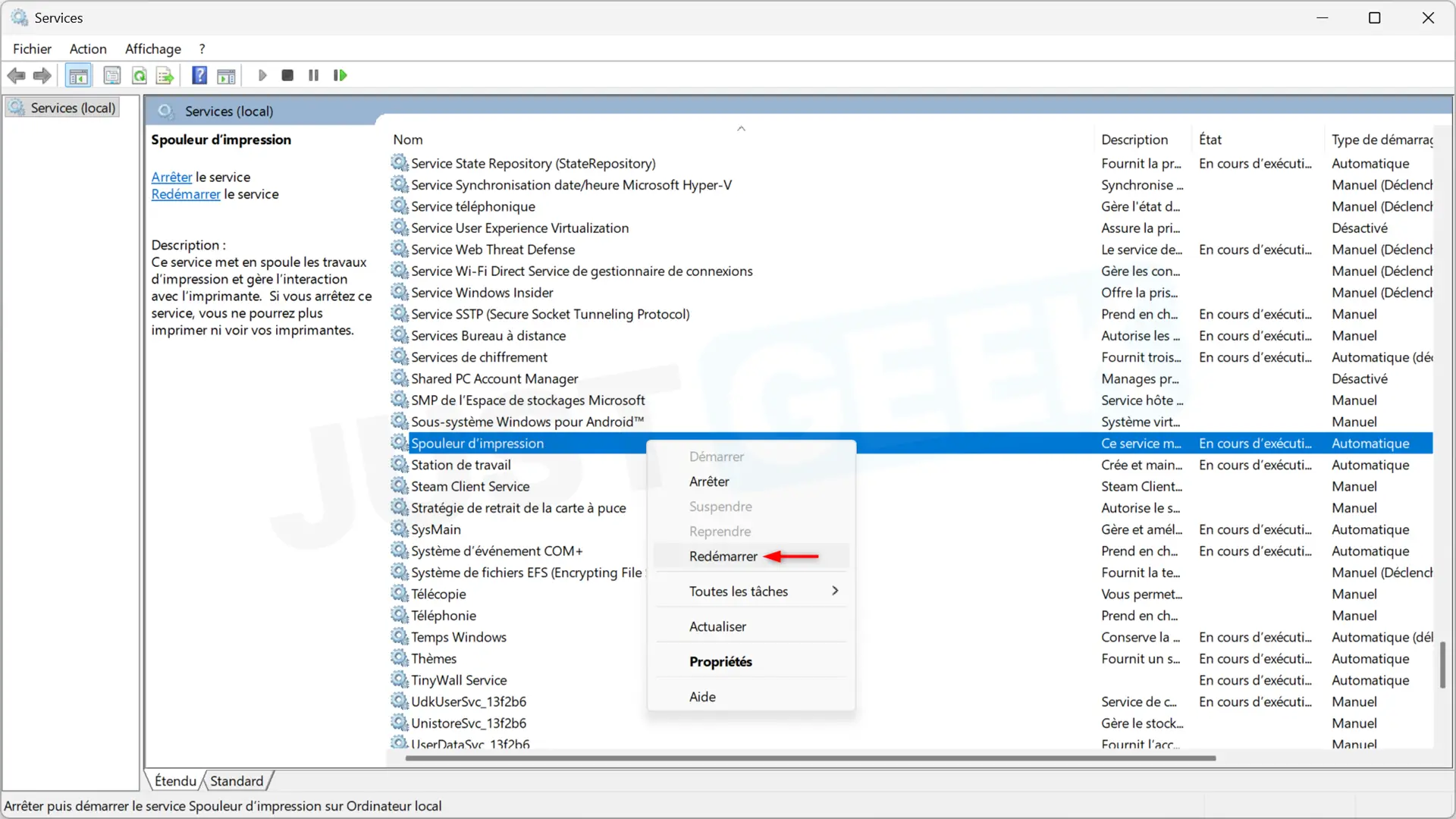 Redémarrage du service Print Spooler à partir des services Windows 11