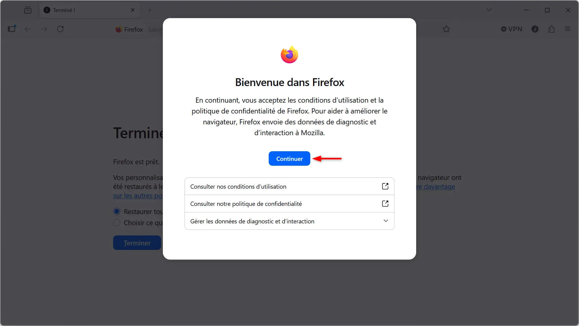 Écran de bienvenue affiché après la réparation de Firefox