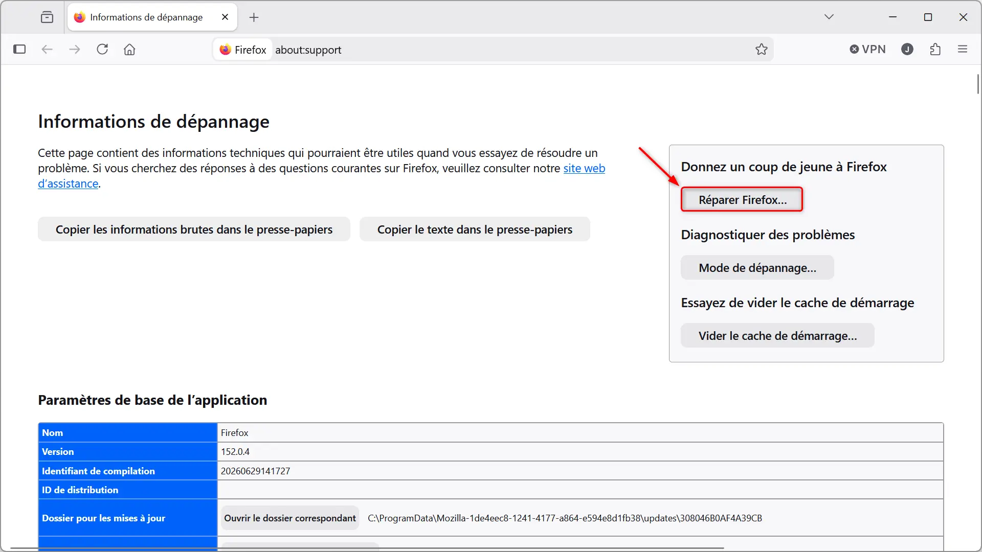 Bouton Réparer Firefox sur la page Informations de dépannage