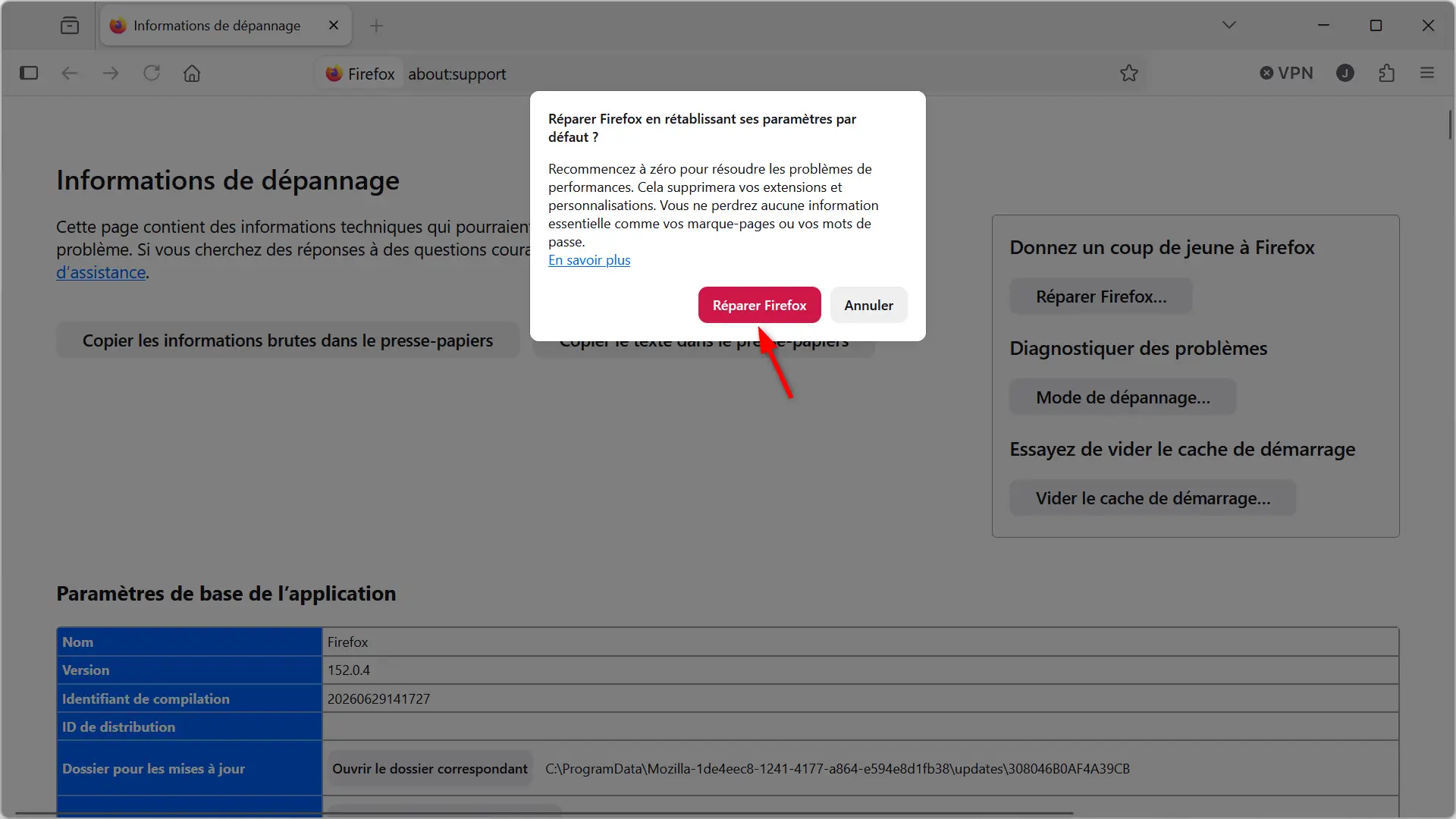 Fenêtre de confirmation avant de lancer la réparation de Firefox