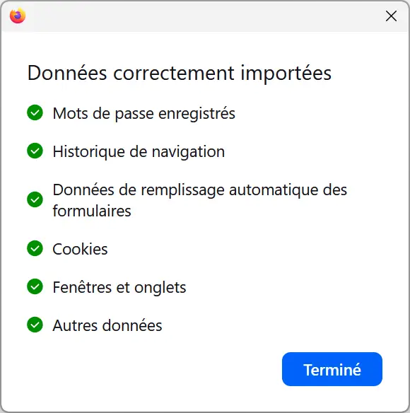 Fenêtre indiquant que les données Firefox ont été importées avec succès