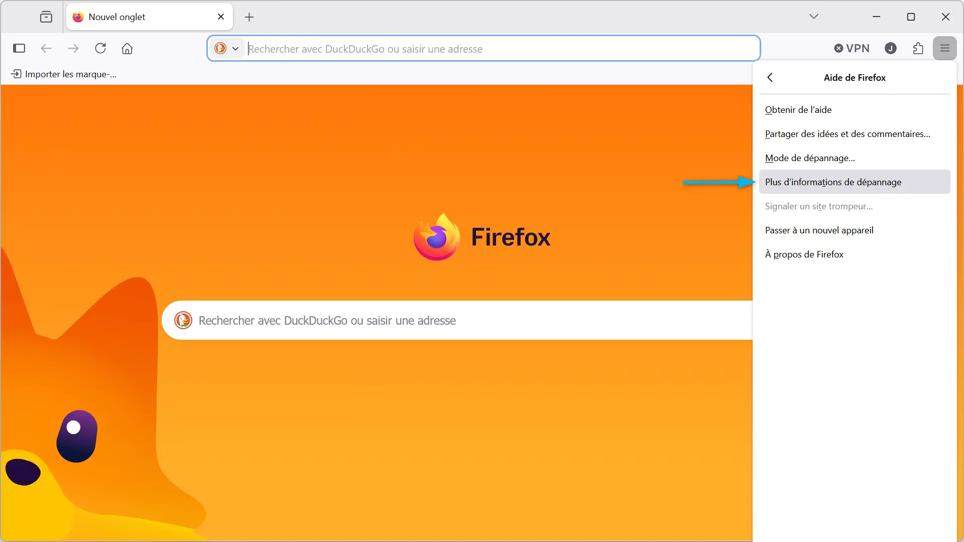 Accéder à la page Plus d'informations de dépannage dans le menu Aide de Firefox