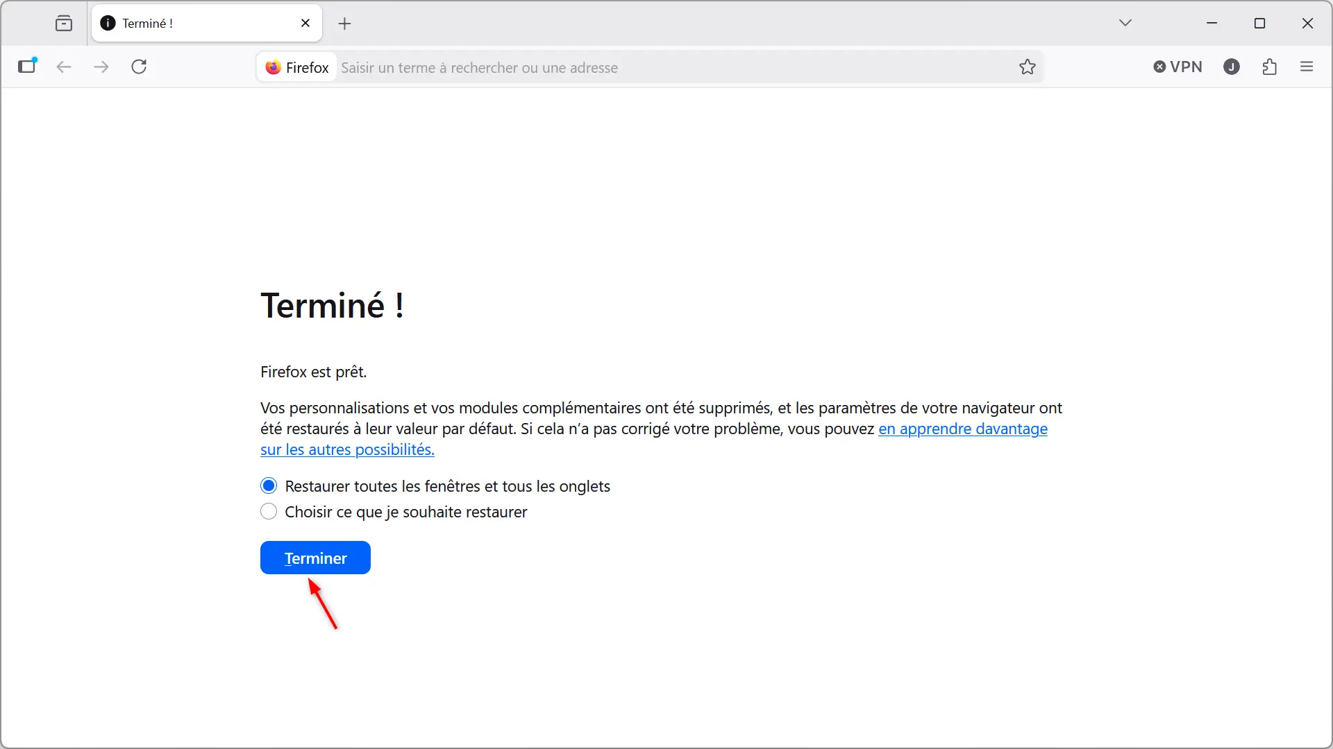 Page de fin de réparation de Firefox avec le bouton Terminer