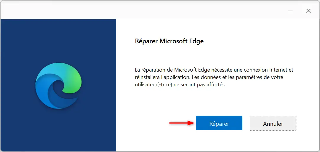 Fenêtre Microsoft Edge Repair avec bouton Réparer sous Windows