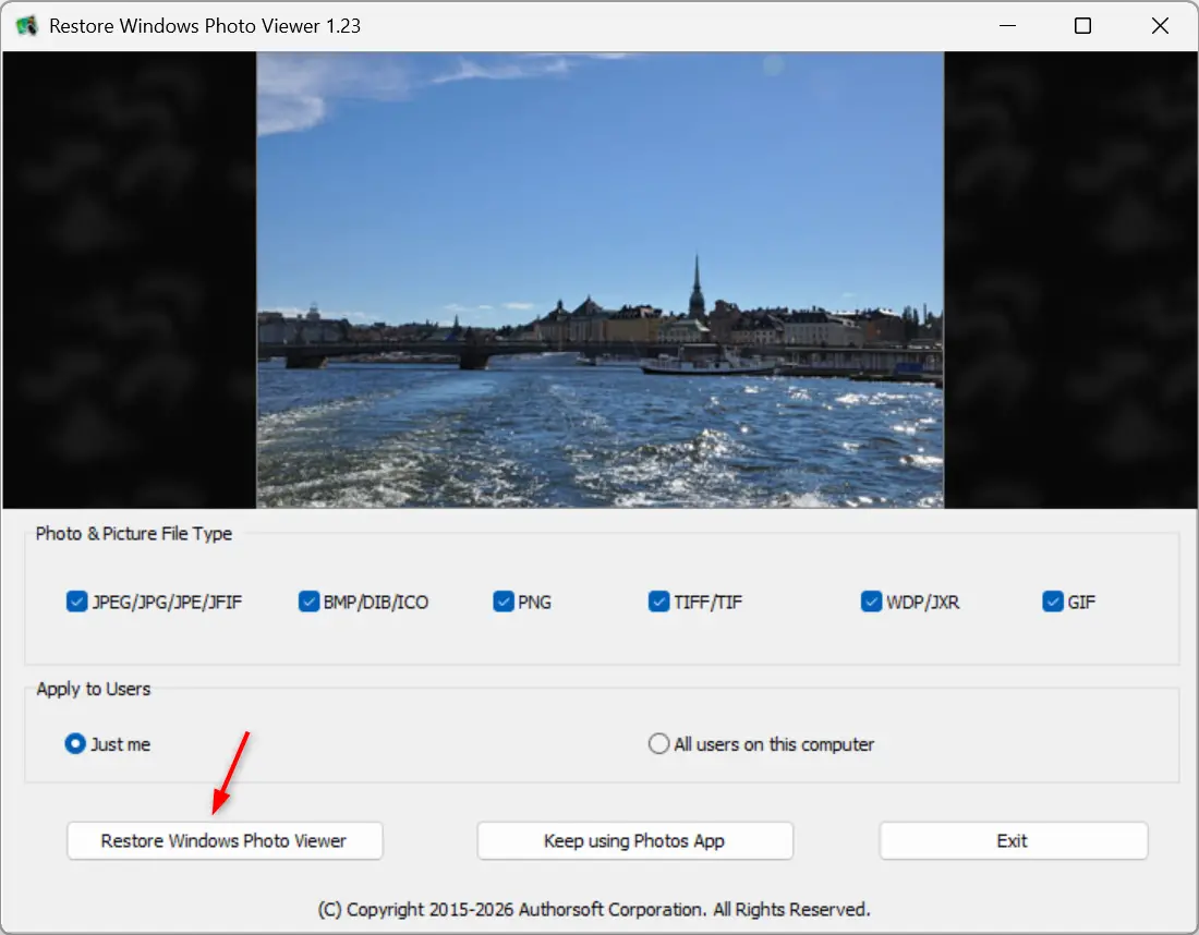 Bouton pour restaurer la Visionneuse de photos Windows avec Restaurer la Visionneuse de photos Windows
