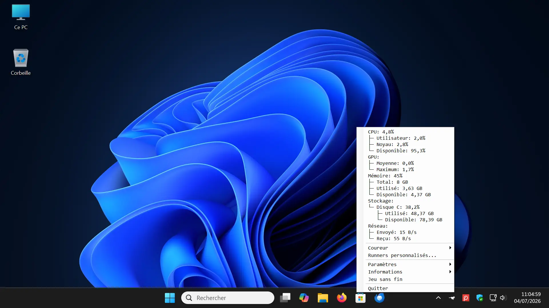 Informations système affichées par RunCat 365 dans la barre des tâches Windows