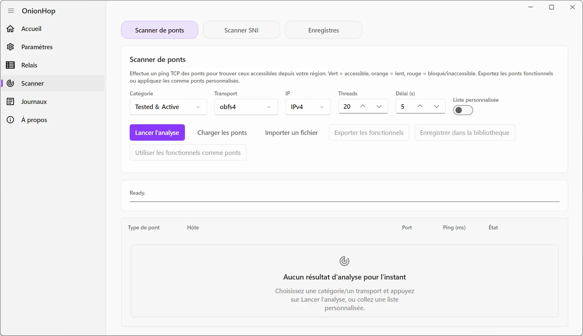 Scanner de pont Tor obfs4 et autres transports dans OnionHop
