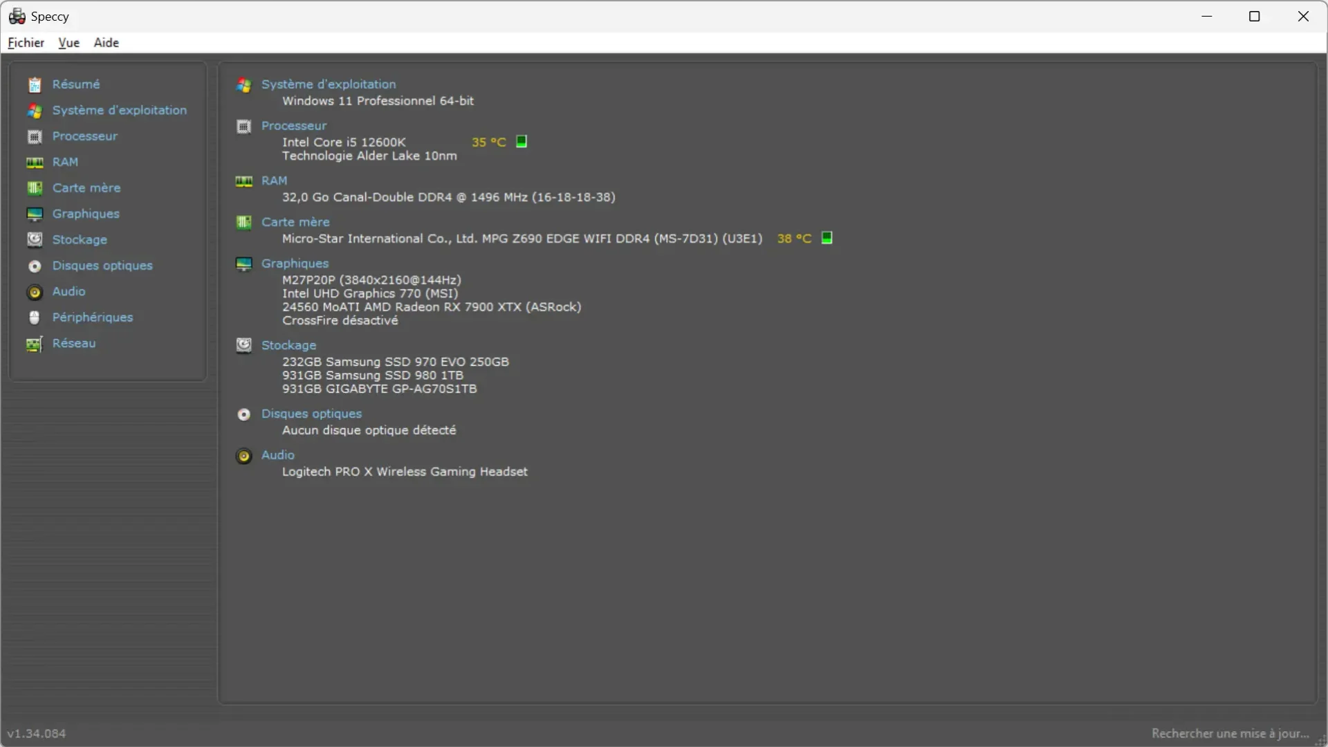 Présentation de la configuration matérielle avec Speccy