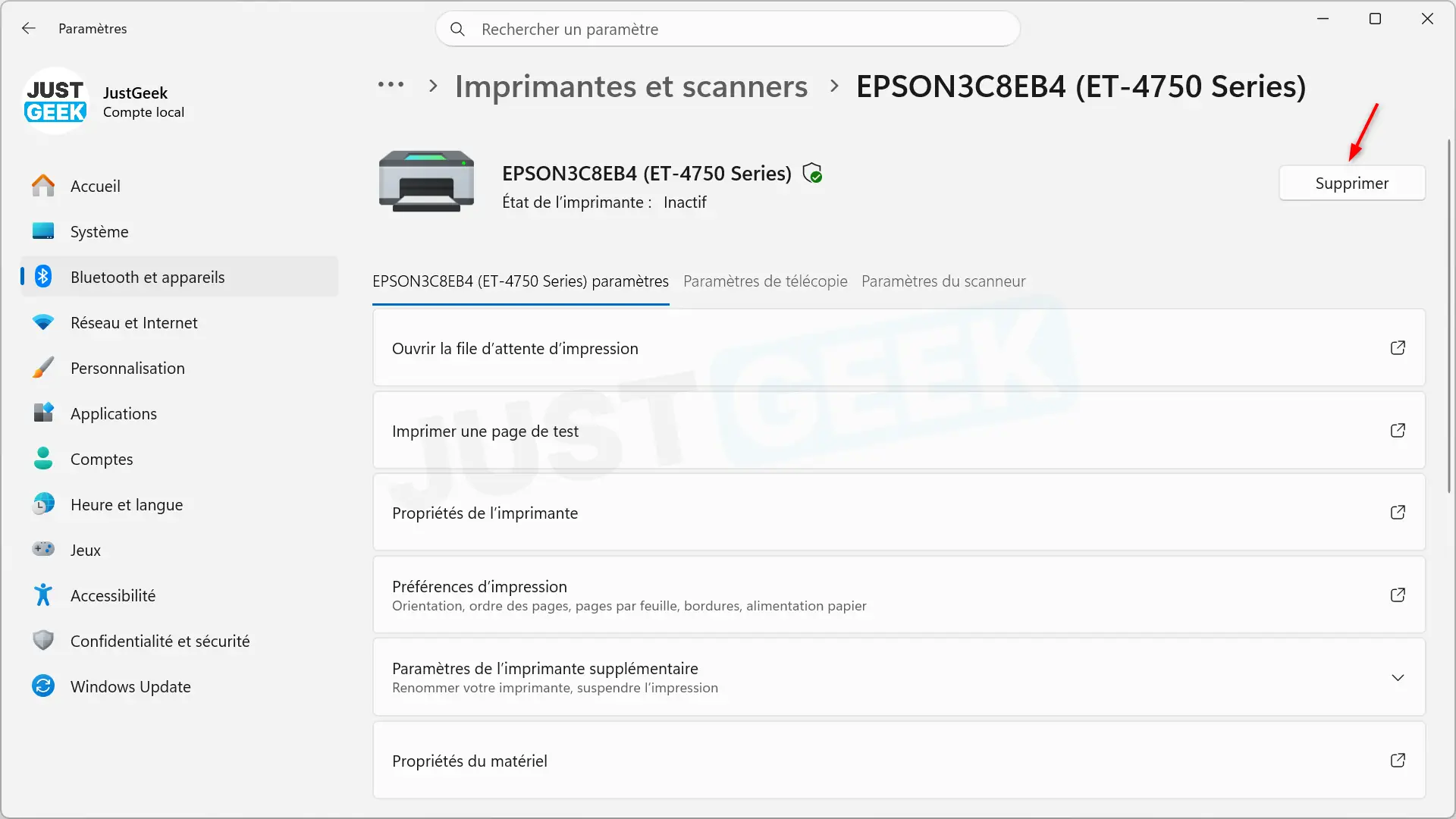 Bouton pour supprimer une imprimante dans les paramètres de Windows 11