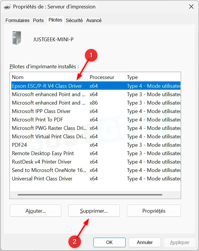 Suppression d'un pilote d'imprimante des propriétés du serveur d'impression sous Windows 11