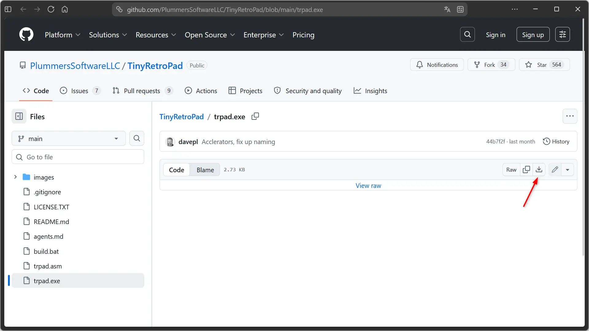 Téléchargement de TinyRetroPad depuis GitHub en cliquant sur le fichier trpad.exe
