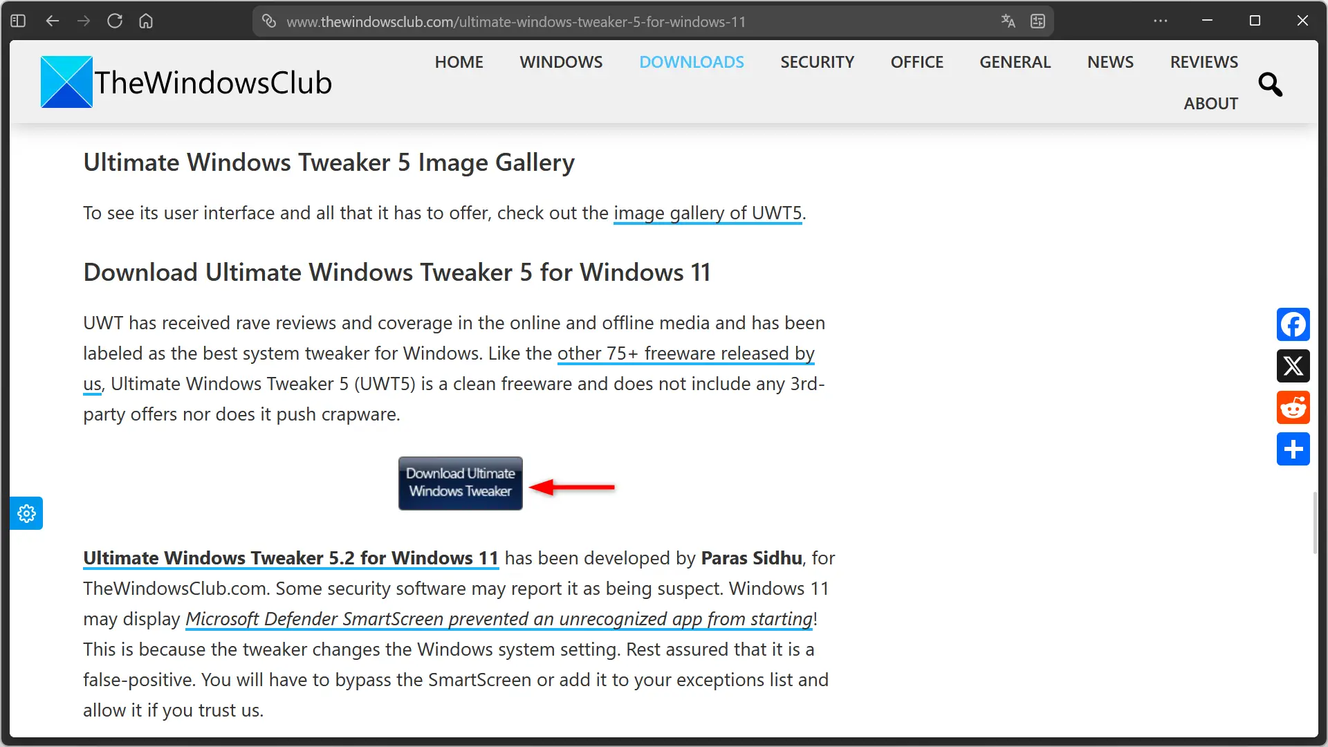Téléchargement d'Ultimate Windows Tweaker à partir du site officiel du Windows Club
