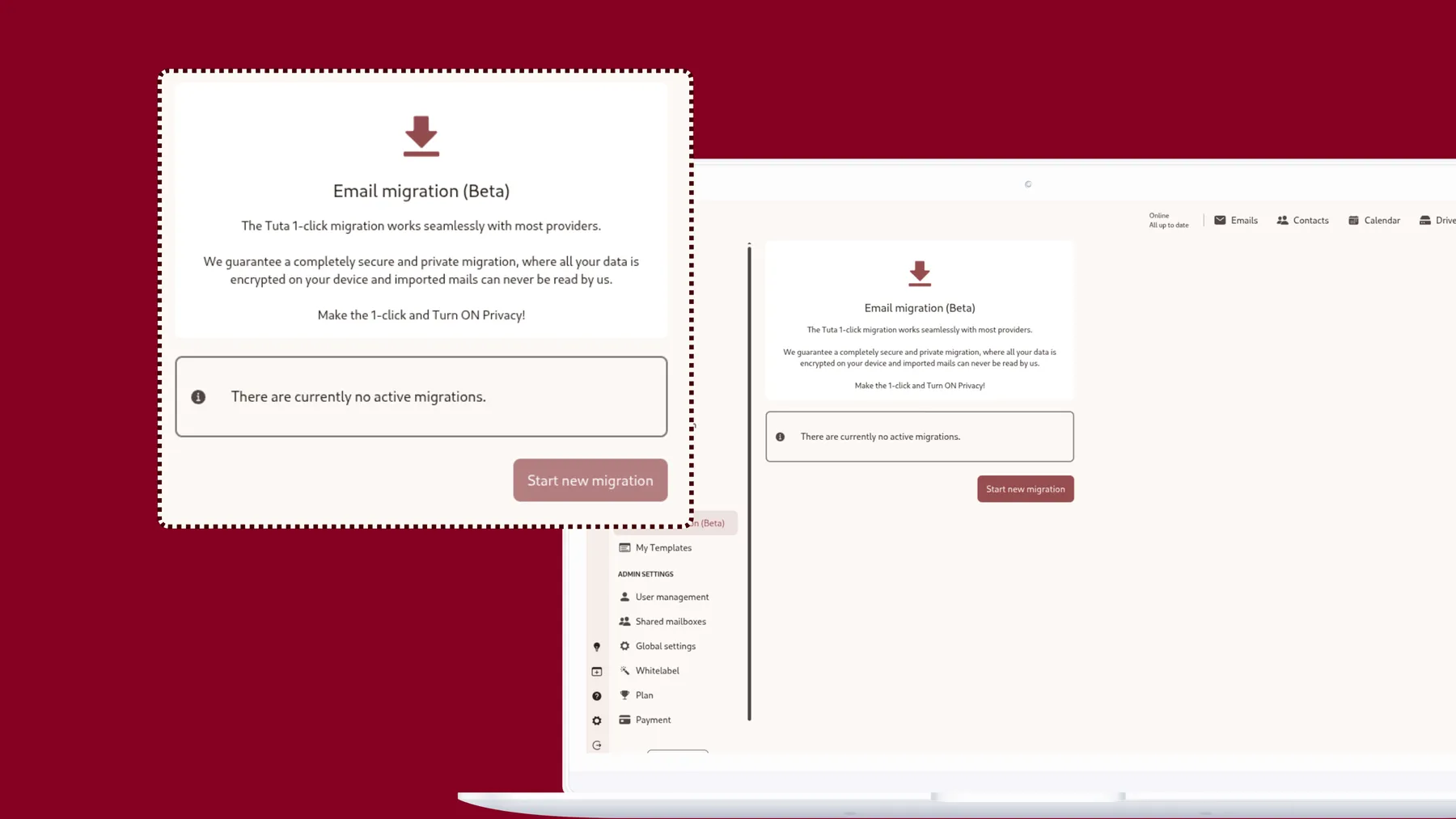 Fonctionnalité de migration en un clic de Tuta Mail pour importer automatiquement les e-mails depuis Gmail ou Outlook