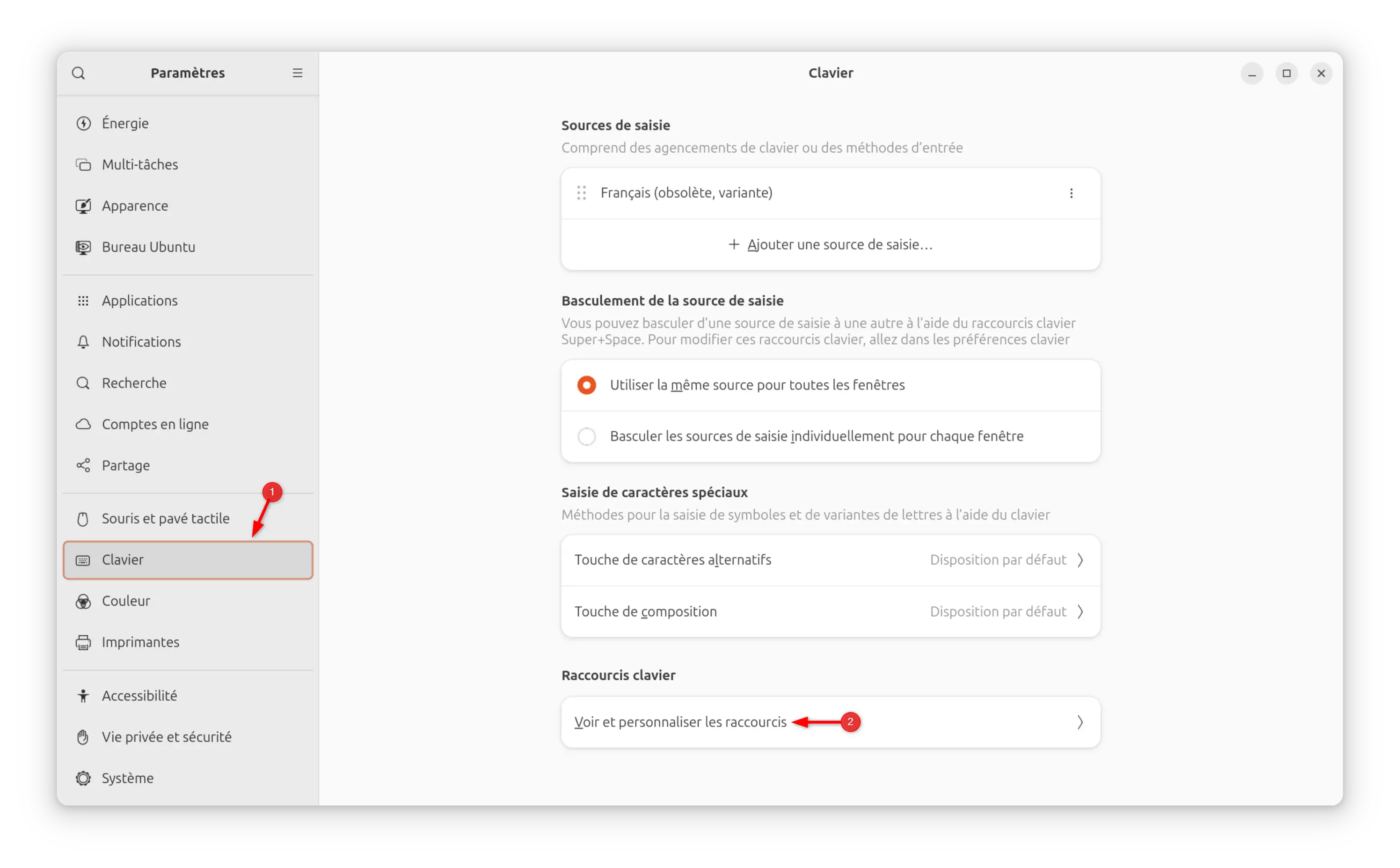 Accéder aux raccourcis clavier dans les paramètres Ubuntu