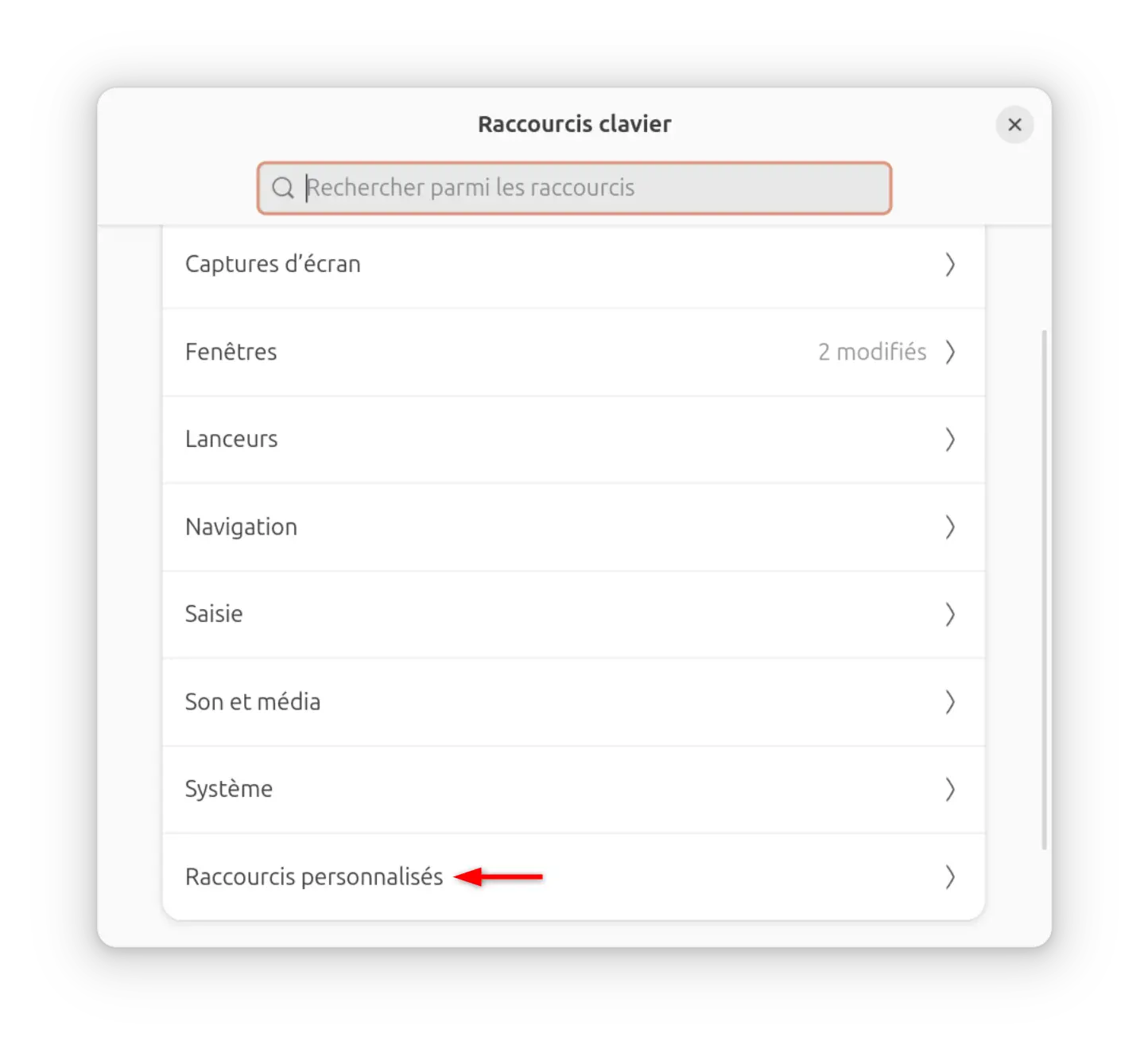 Ouvrez la section des raccourcis personnalisés dans Ubuntu
