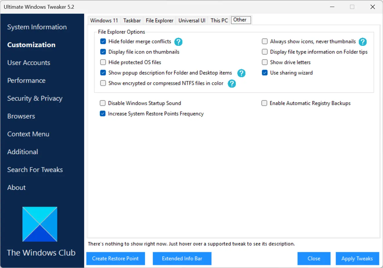 Autres paramètres disponibles dans Ultimate Windows Tweaker