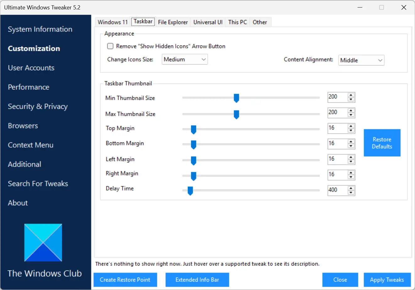 Options de personnalisation de la barre des tâches dans Ultimate Windows Tweaker