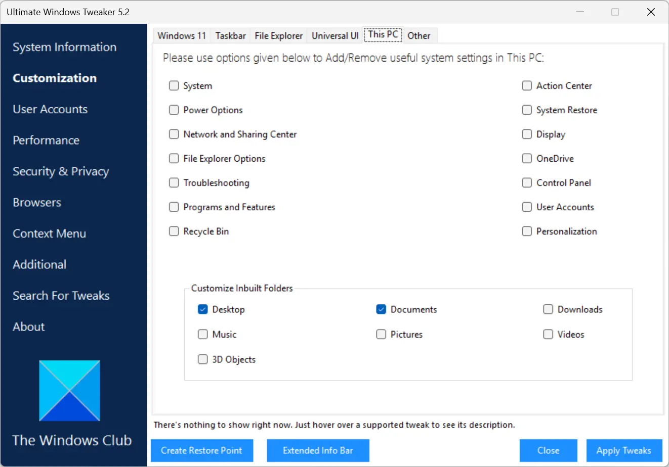 Options de personnalisation de ce PC dans Ultimate Windows Tweaker