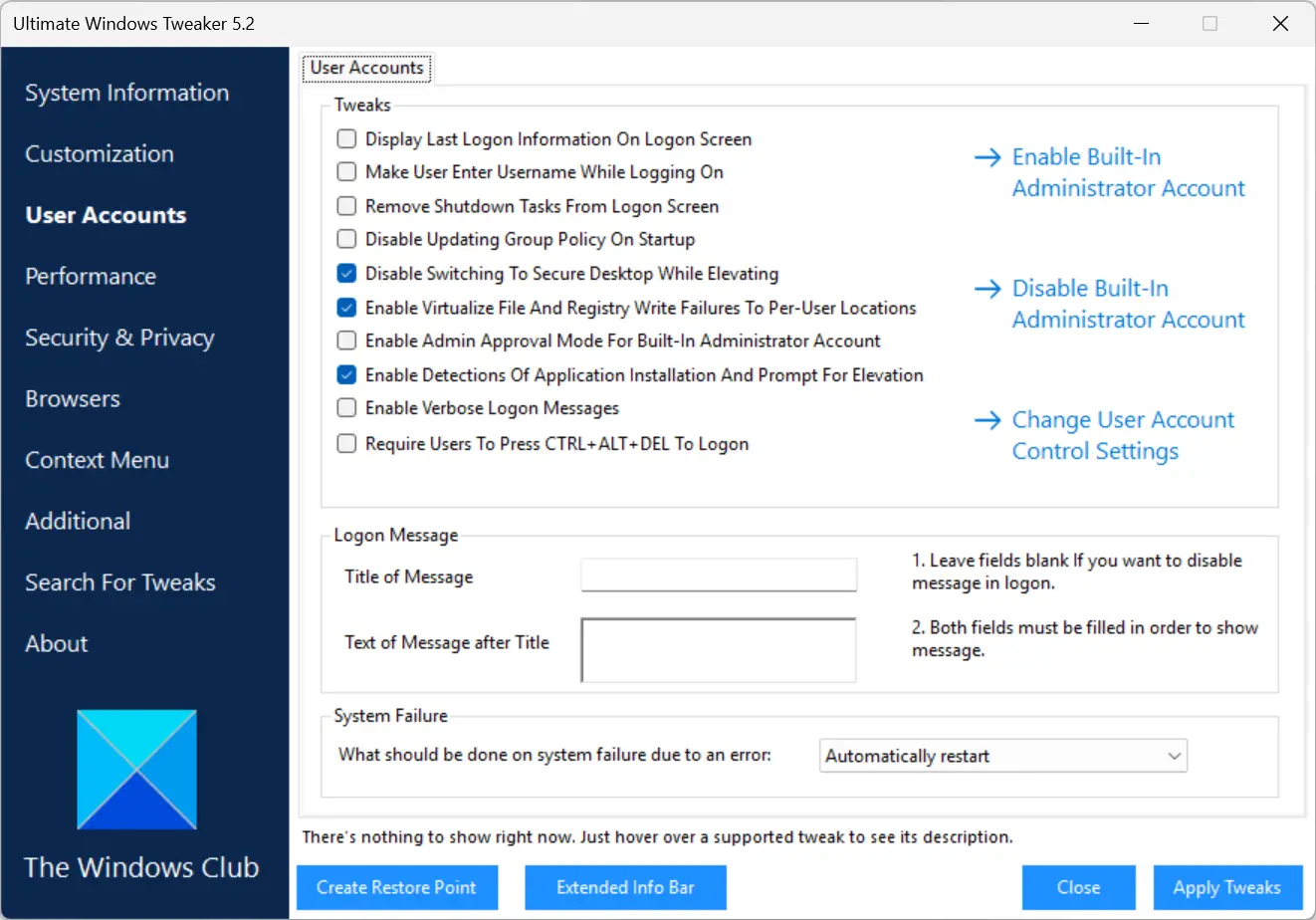 Paramètres du compte utilisateur disponibles dans Ultimate Windows Tweaker