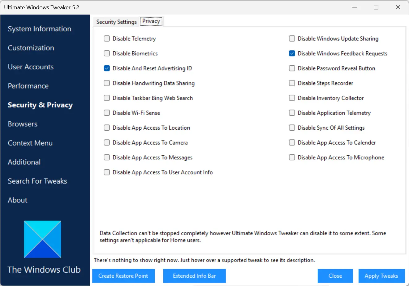 Paramètres de confidentialité proposés par Ultimate Windows Tweaker