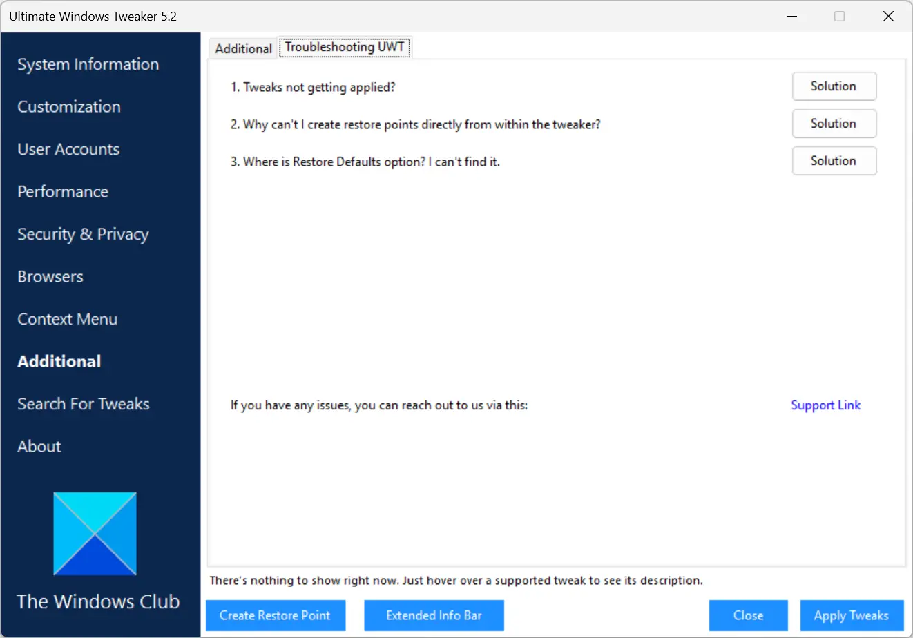 Sujet de dépannage intégré à Ultimate Windows Tweaker