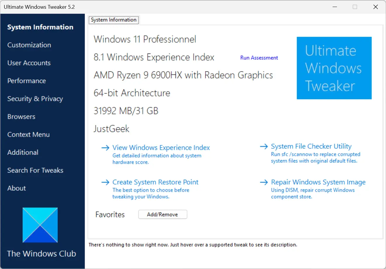 Écran d'accueil de Ultimate Windows Tweaker affichant les informations système Windows 11