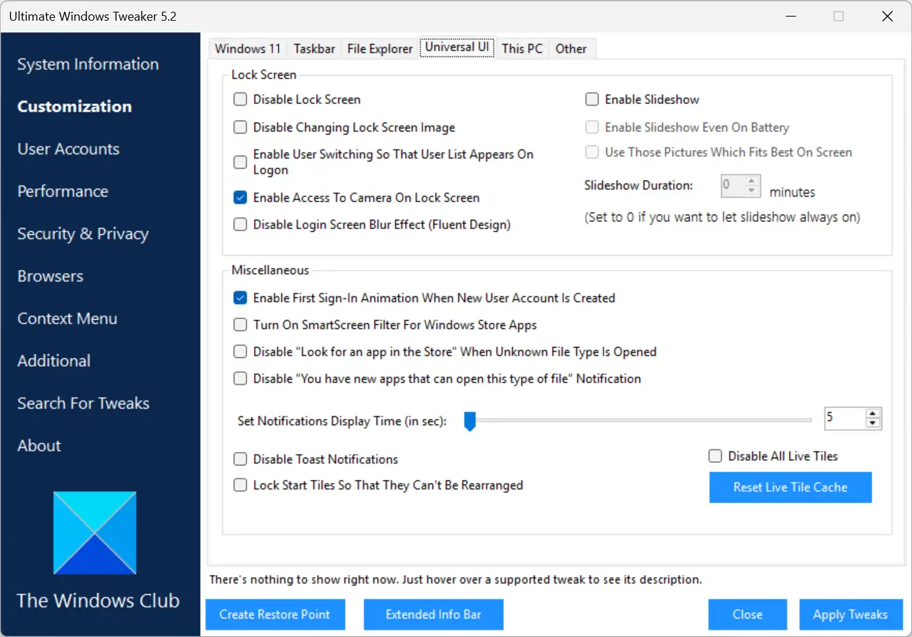 Paramètres de l'interface Windows dans Ultimate Windows Tweaker