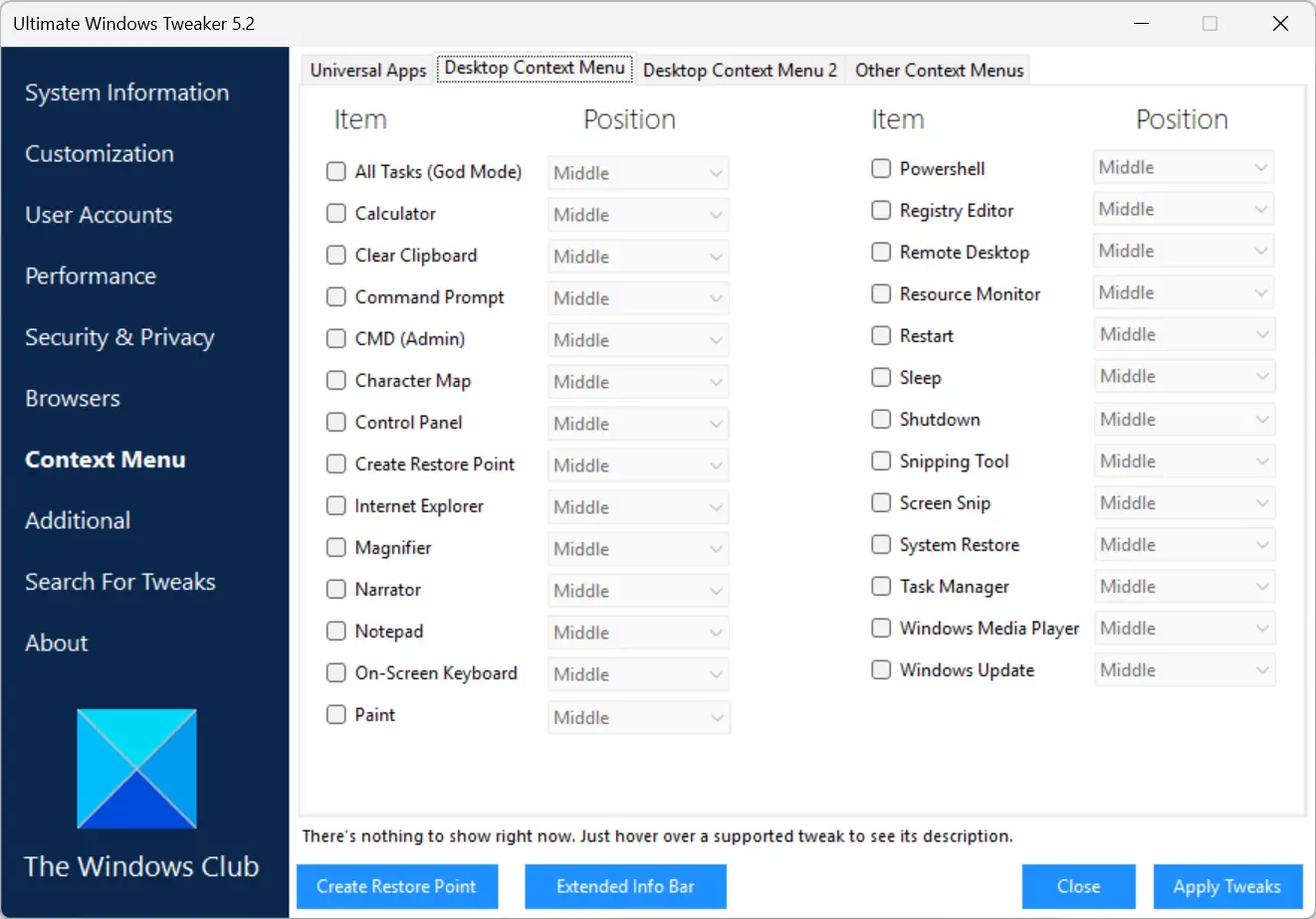 Ajout d'outils Windows au menu contextuel avec Ultimate Windows Tweaker