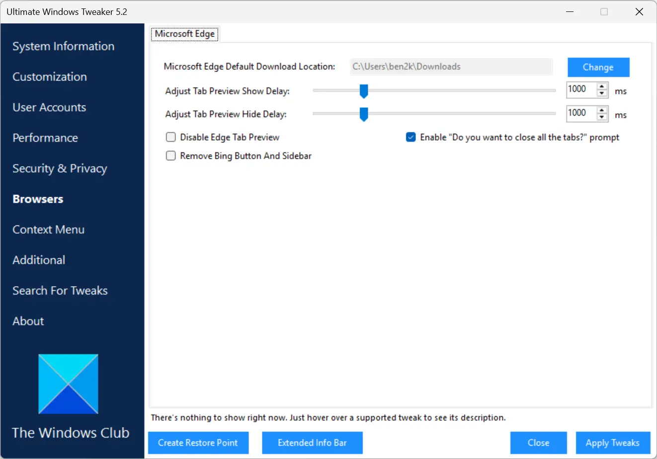 Paramètres Microsoft Edge disponibles dans Ultimate Windows Tweaker