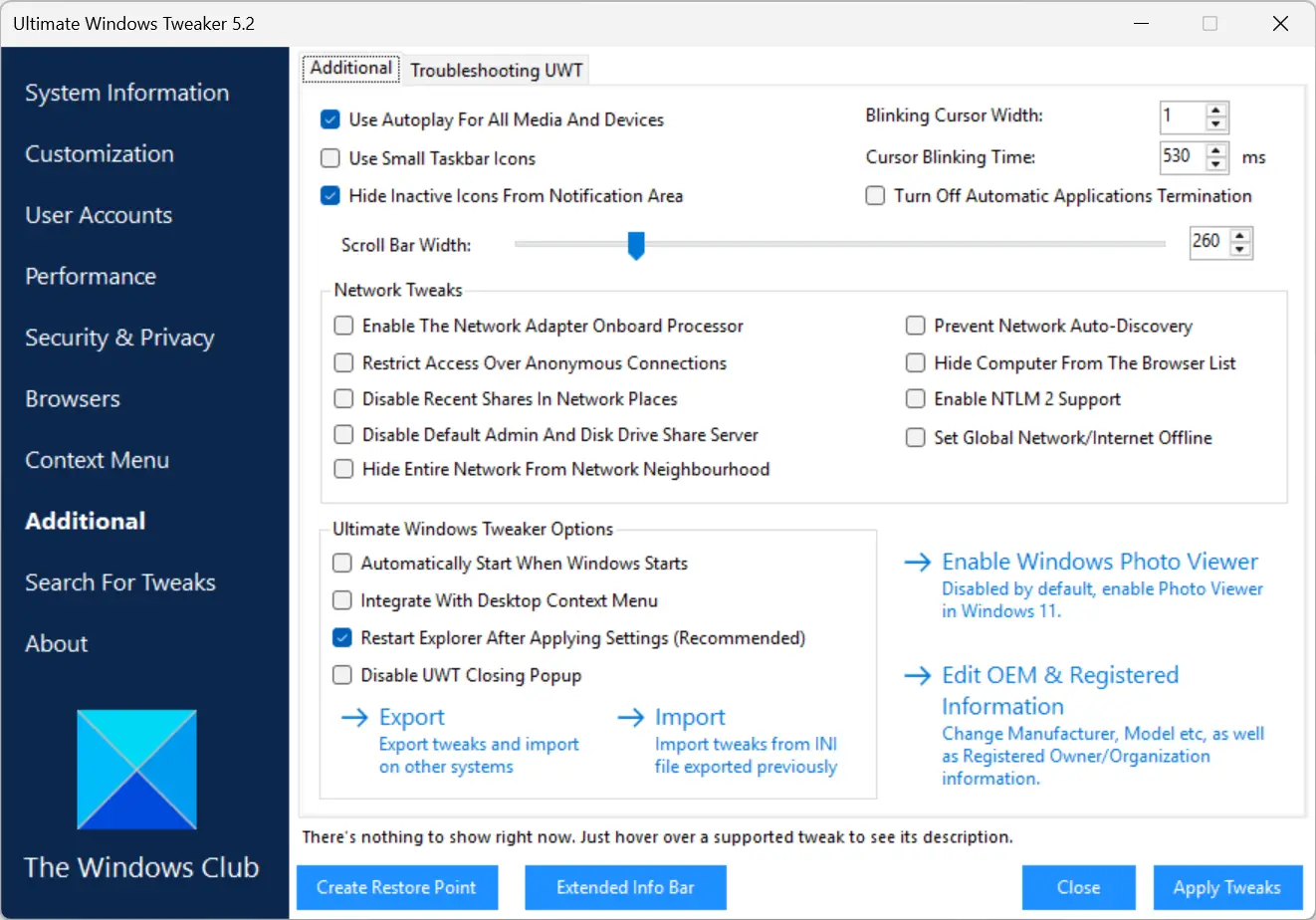 Options supplémentaires disponibles dans Ultimate Windows Tweaker