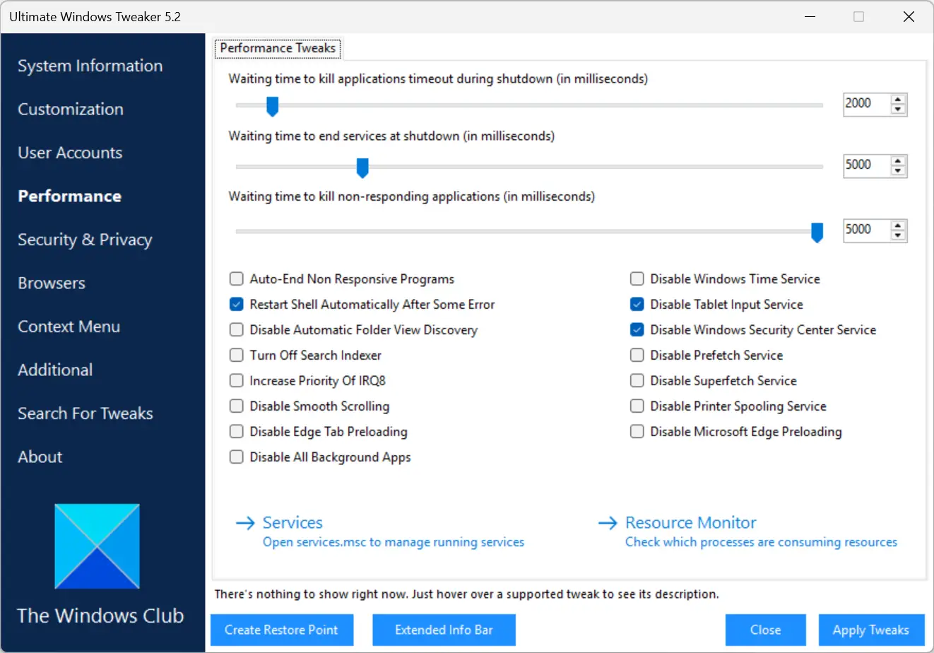Ajustements de performances disponibles dans Ultimate Windows Tweaker