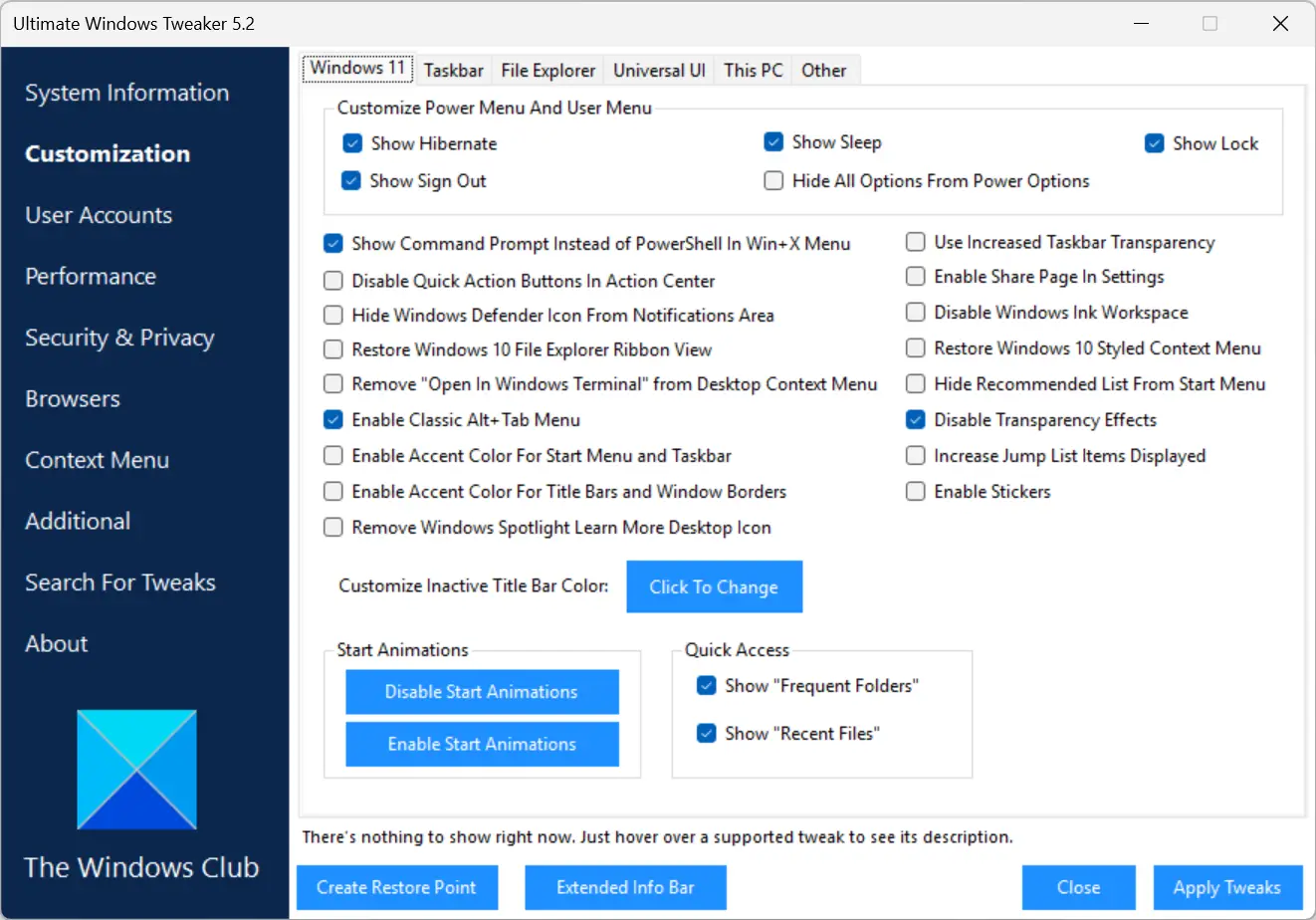 Paramètres de personnalisation de Windows 11 dans Ultimate Windows Tweaker
